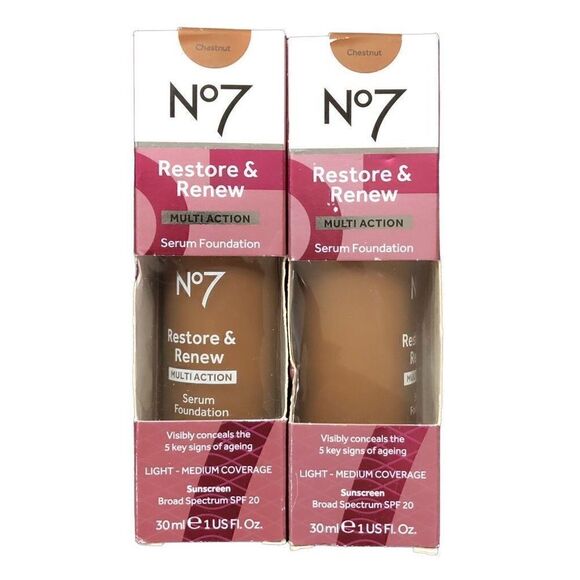 No7 Restore & Renew Multi Action Serum Foundation Chestnut, 1 fl oz ea, Lot of 2 - Picture 1 of 4